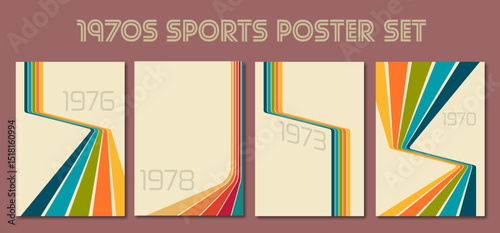 Collection of 1970s sports poster background vector Set. Vintage, warm, bright colors