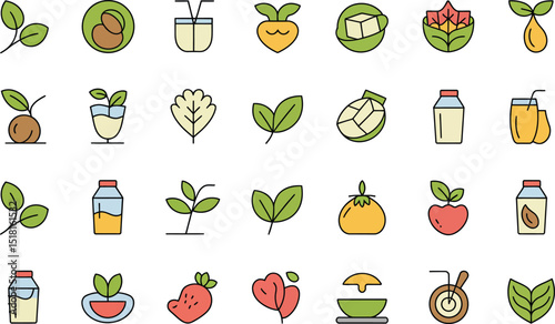 Set of flat line icon style vegetables and food vegan concept