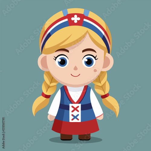 Adorable Cartoon Girl in Traditional Norwegian Bunad
