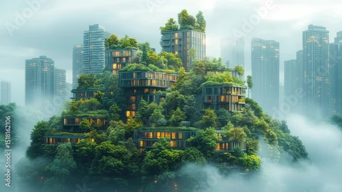 Urban Futuristic Sustainability, Modern Buildings Integrated with Vertical Garden, Ecological Concept