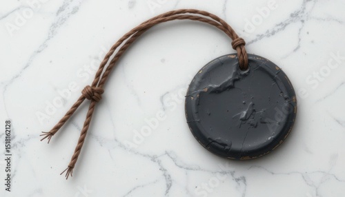 Close-up of a black seal with a brown rope on a white marble background