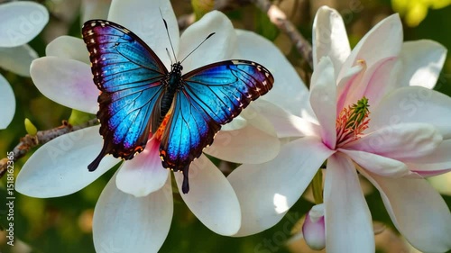 Blue butterfly resting on blooming magnolia flower in soft spring sunlight, creating peaceful and vibrant nature scene perfect for seasonal celebration or floral background