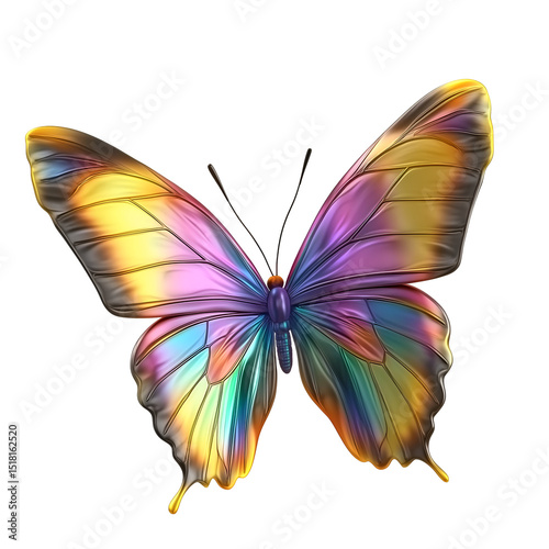 Delicate butterfly with rainbow patterned wings isolated on white background