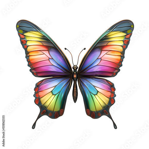 Delicate butterfly with rainbow patterned wings isolated on white background