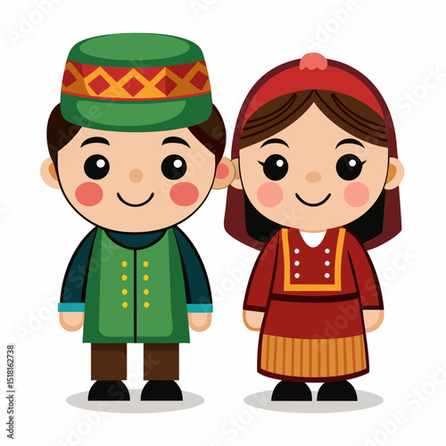 Adorable Cartoon Iranian Couple in Traditional Clothing