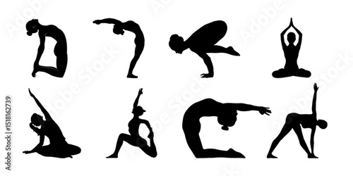Vector silhouettes of women in various yoga and fitness poses for exercise and health illustrations