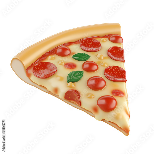 Slice of pizza with toppings isolated on a white background
