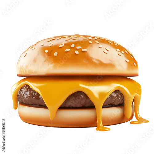 Hamburger with dripping cheese isolated on a white background