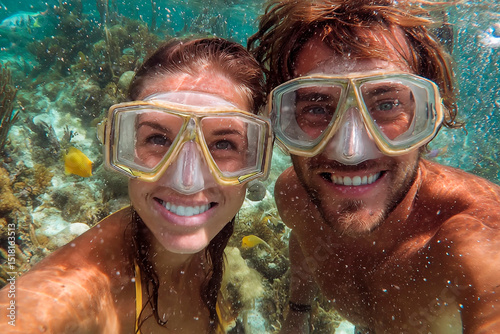 Happy couple underwater snorkeling in tropical sea surrounded by coral reef and small fish photo