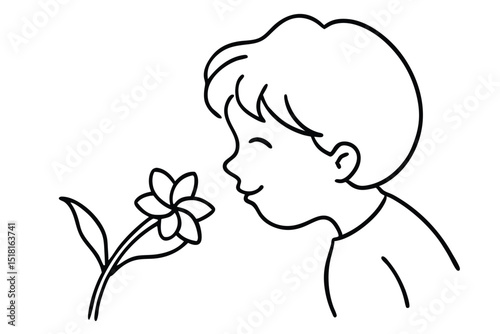 Child smelling flower line art vector illustration