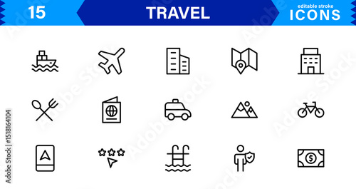 Travel Icon Set Featuring Airplane, Luggage, Destination, Passport, and Vacation Symbols in Clean, Professional Vector Design for Stock Use
