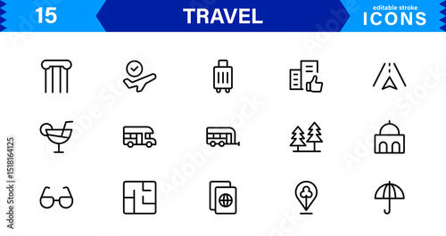 Travel Icon Set Featuring Airplane, Luggage, Destination, Passport, and Vacation Symbols in Clean, Professional Vector Design for Stock Use