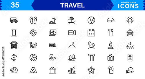 Travel Icon Set Featuring Airplane, Luggage, Destination, Passport, and Vacation Symbols in Clean, Professional Vector Design for Stock Use