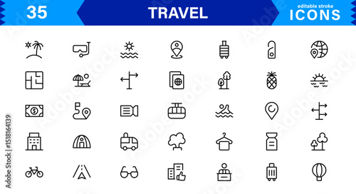 Travel Icon Set Featuring Airplane, Luggage, Destination, Passport, and Vacation Symbols in Clean, Professional Vector Design for Stock Use