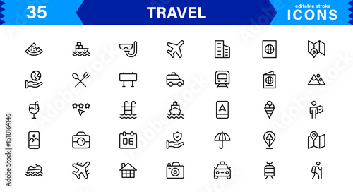 Travel Icon Set Featuring Airplane, Luggage, Destination, Passport, and Vacation Symbols in Clean, Professional Vector Design for Stock Use