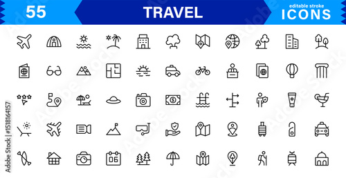 Travel Icon Set Featuring Airplane, Luggage, Destination, Passport, and Vacation Symbols in Clean, Professional Vector Design for Stock Use