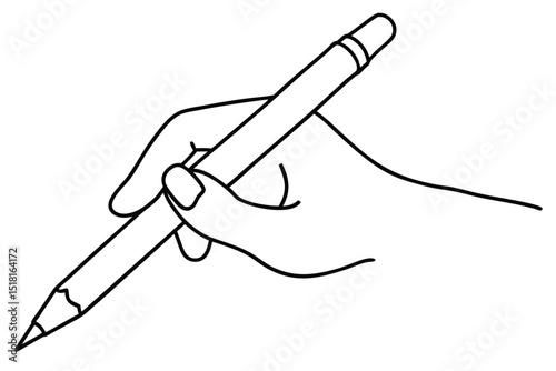 line drawing hand palm fingers gestures pen, pencil. Ballpoint in hand. Writing or drawing with ink pen. Vector illustration minimalist design isolated on white background