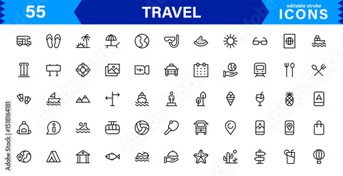 Travel Icon Set Featuring Airplane, Luggage, Destination, Passport, and Vacation Symbols in Clean, Professional Vector Design for Stock Use