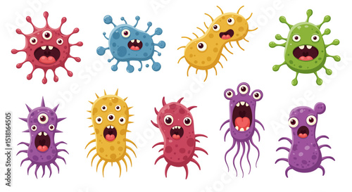 Cartoonish Microorganisms with Various Shapes Colors and Expressions
