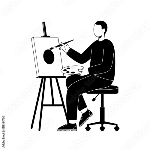 Black And White Illustration Of An Artist Painting At An Easel In A Studio Setting