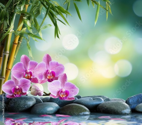 Background orchids stone and bamboo in garden