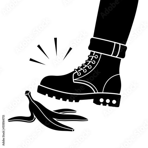 Black and White Illustration of a Silhouette of a Foot About to Slip on a Banana Peel