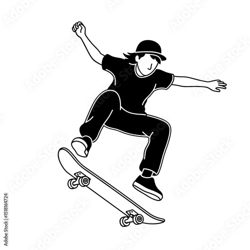 Monochrome Illustration of a Young Man Skateboarding mid air, Dynamic Action Pose, Simple Line Art, Black and White Graphic Design