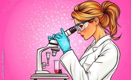 A female scientist, in a lab coat and safety glasses, meticulously examines a sample under a microscope; photo