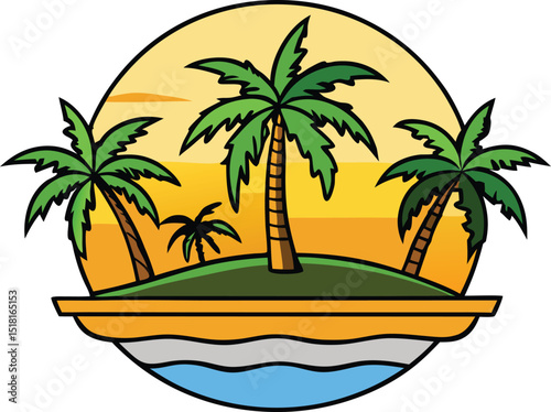 Tropical island paradise depicting palm trees on an island with a beautiful sunset in a circle
