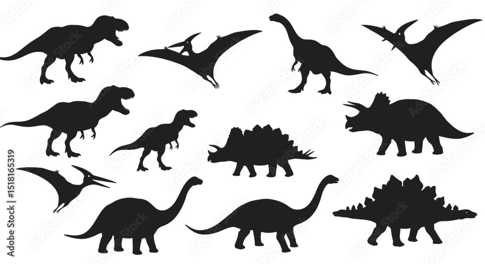 Fototapeta premium Silhouetted Collection of Various Prehistoric Dinosaurs and Pterosaurs