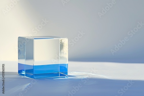 High Quality Visual of a Glass Cube with a Blue Stripe on it is on a White Background