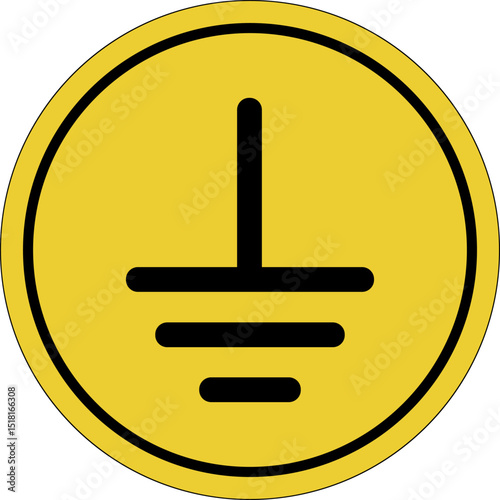 Grounding. Electrical grounding. Yellow circle sticker. Warning icon. Sign yellow. Circle label.