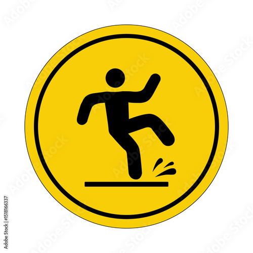 Wet floor. Slippery surface. Yellow circle sticker. Warning icon. Sign yellow. Circle label.