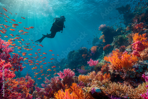 Wallpaper Mural Scuba diver exploring vibrant coral reef with colorful soft corals and school of orange fish in clear tropical ocean Torontodigital.ca