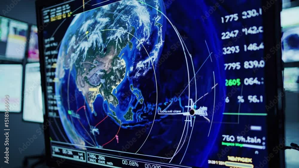 World on Screen: A complex network of global connections converges on a high-tech display, showcasing an interconnected world map, surrounded by data streams.