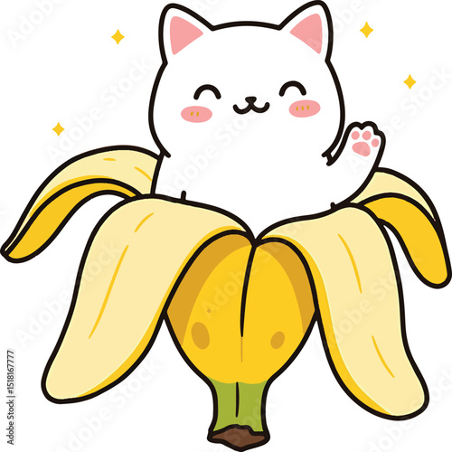 Cute white cat sitting inside a peeled banana with sparkling stars in a kawaii cartoon illustration