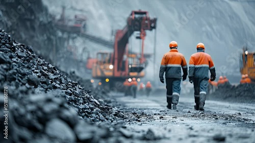 Two construction workers in safety gear walking through a mining site with machinery in the background