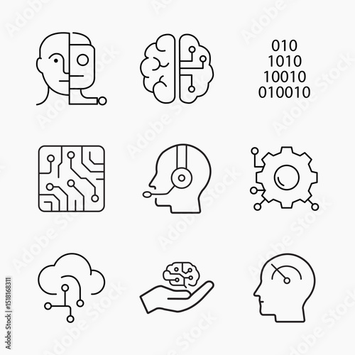 Minimalist artificial intelligence icon set showing robotics, machine learning, facial recognition and automation