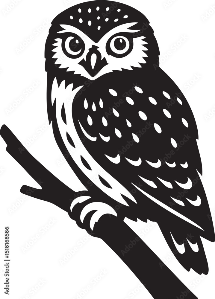 Obraz premium Owl perched on branch vector line drawing, Detailed bird in resting pose sketch