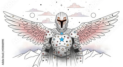 Winged knight wearing ornate armor in a fantasy landscape  
