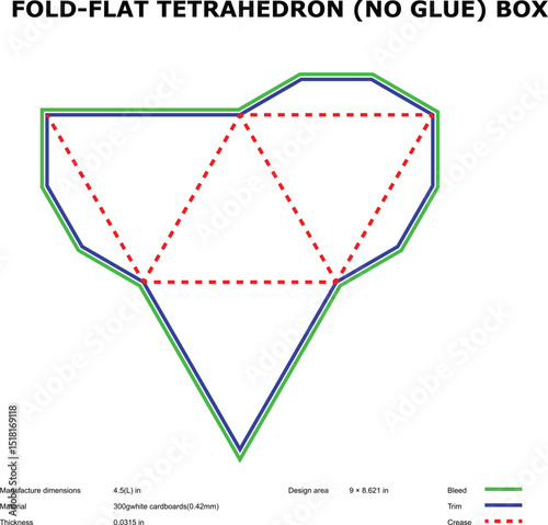 Fold flat tetrahedral no glue box template diagram