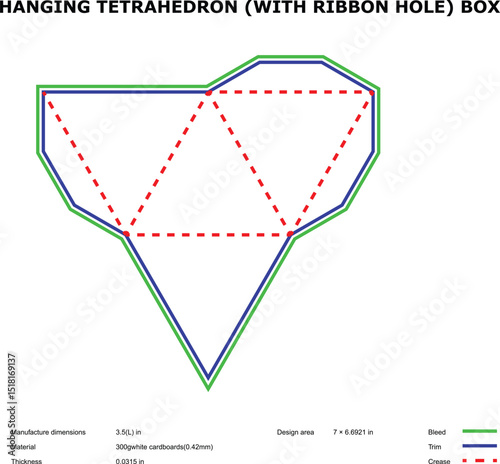 Hanging tetrahedral box template with ribbon hole die-cut design