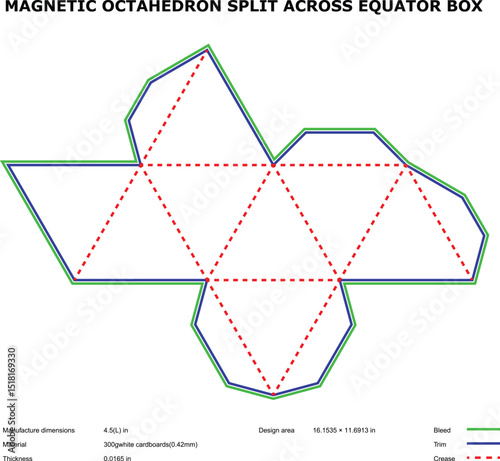 Magnetic octahedron split across equator box die-cut template
