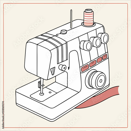Sewing machine illustration with clean lines and simple shapes  