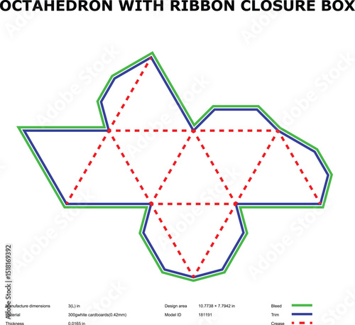 Octahedron gift box template ribbon closure die cut design