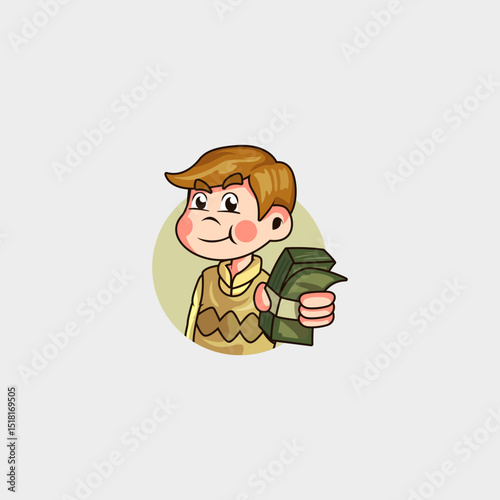 cartoon mascot logo funny rich man giving out a stack of money to anyone