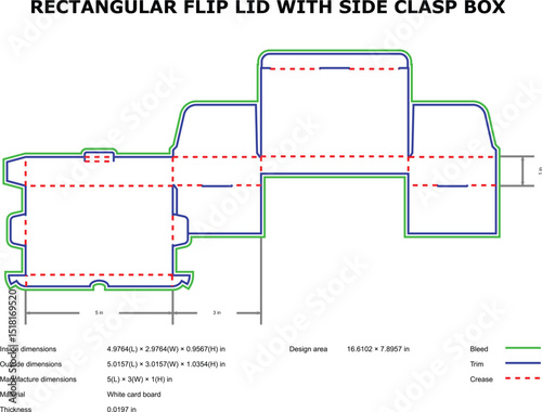 Rectangular flip lid side clasp box packaging die-cut template