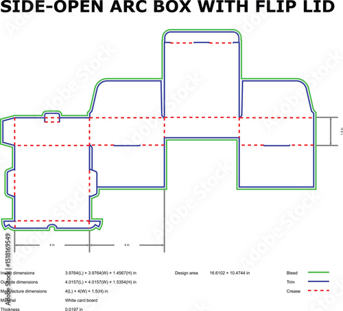 Side open arc box packaging template flip lid die cut design