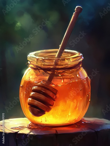 premium quality image of honey jar with wooden honey dipper