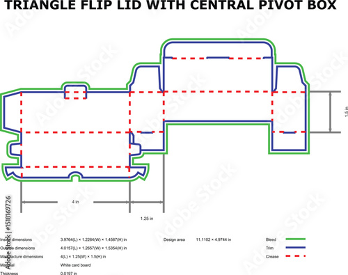 Triangle flip lid central pivot box packaging die-cut template